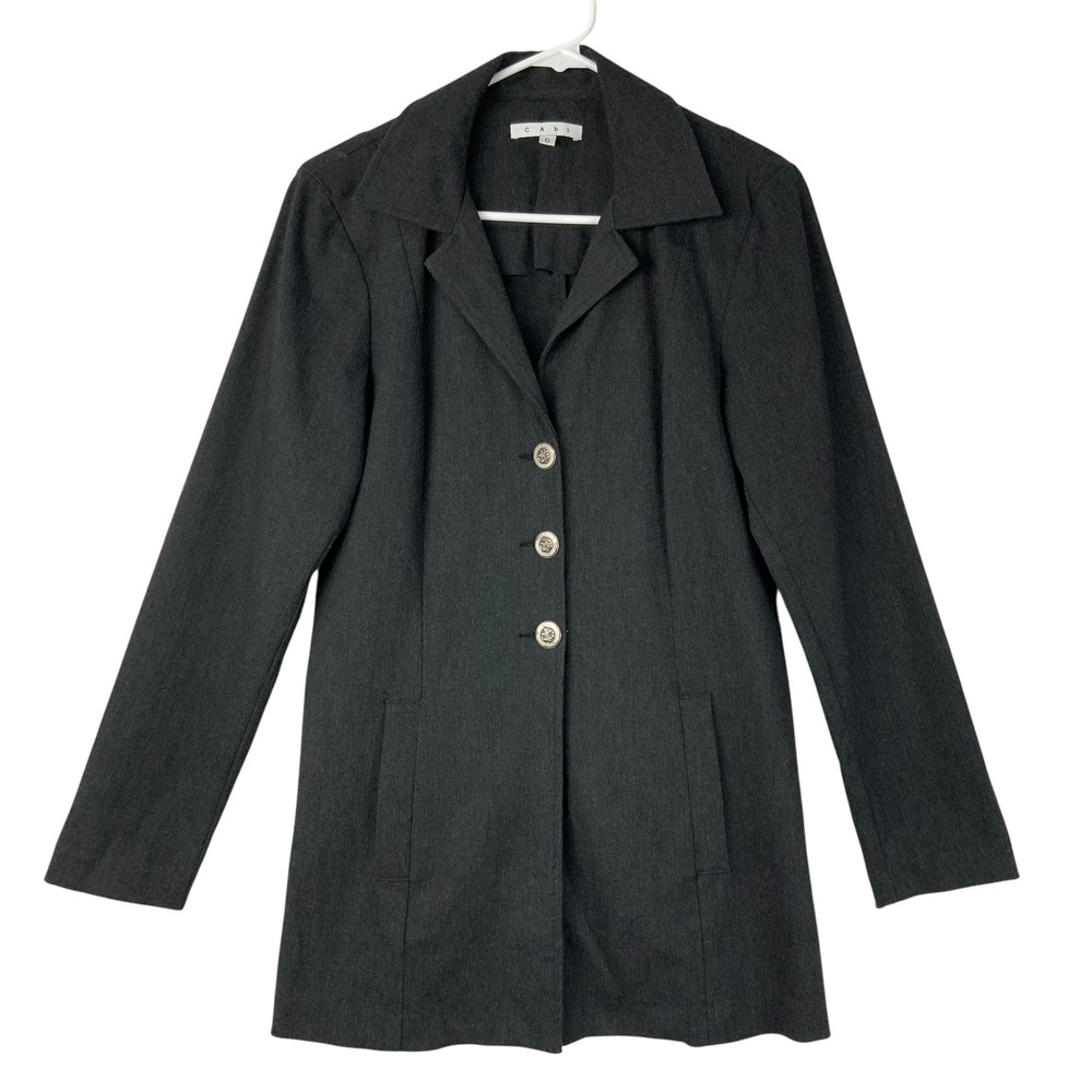 Cabi Gray Longline V-Neck Blazer 6 Button Notched Lapel Long Sleeve Crest Button